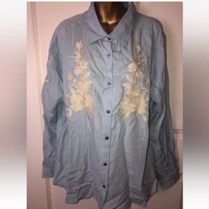 Tru Luxe Jeans Women Long Sleeve Button Down Shirt Size xl striped blue ivory